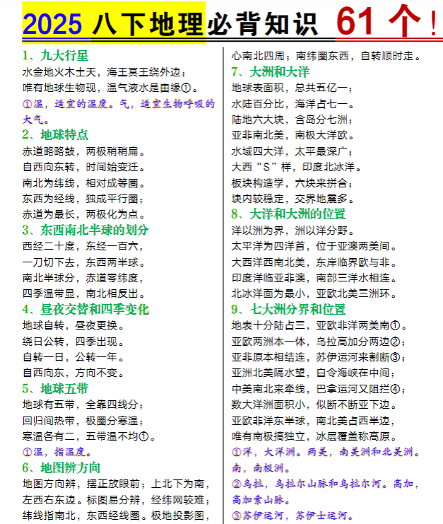 八年级下册地理61个必背知识