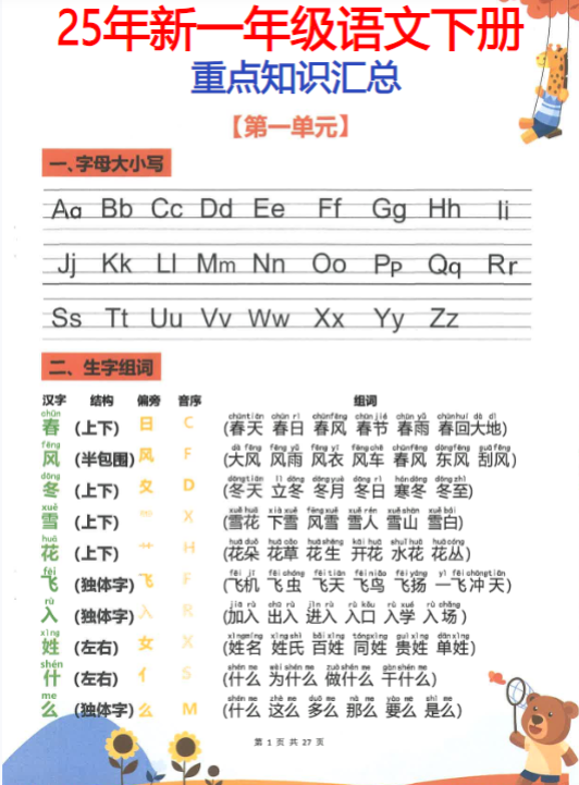 【精品】新1年级下册语文《重点知识梳理》