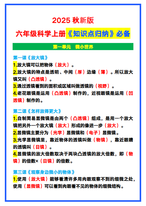 【2025秋新版】六年级科学上册《知识点归纳》，学习必备！