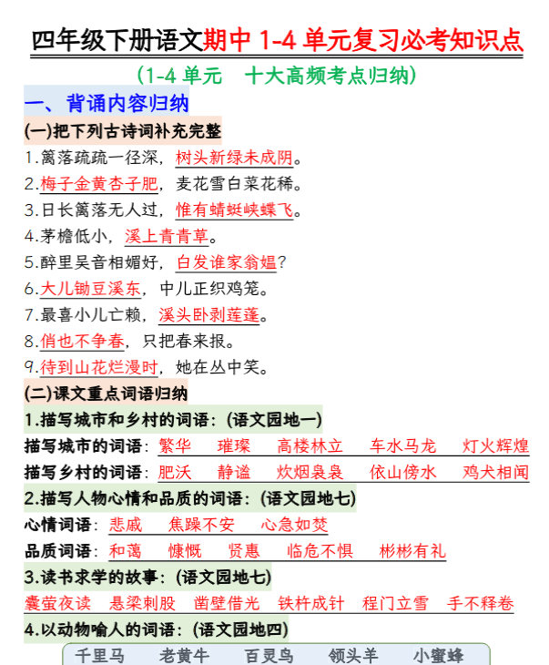 【11页】四（下）语文期中复习必考知识点