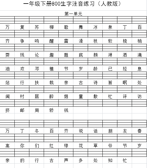 一年级下册语文800生字注音练习