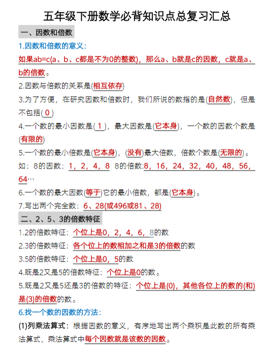 【精品】五年级下册数学《必背+知识点总复习汇总》
