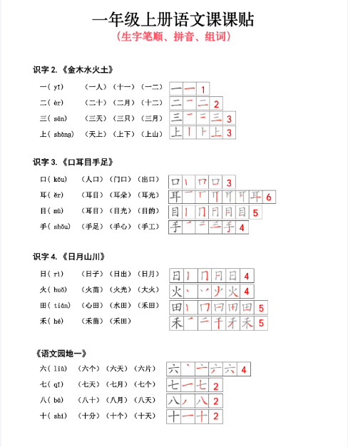 24秋新版一上语文课课贴