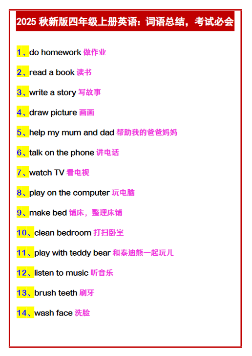 【2025秋新版】四年级上册英语：词语总结，考试必会