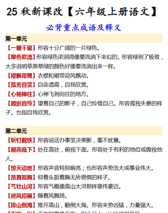 【2025秋新版】【六年级上册语文】 必背重点成语及释义