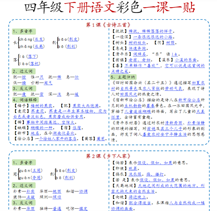 【精品】《四年级下册语文彩色一课一贴》