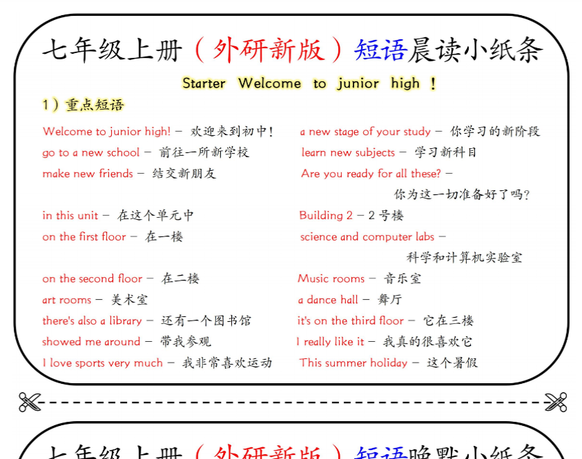 16页！七年级上册（外研新版）短语晚默小纸条