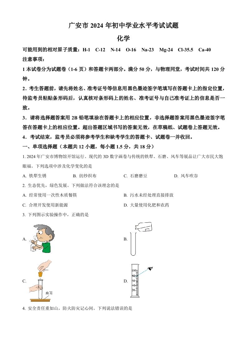 2024年四川省广安市中考化学真题（空白卷）