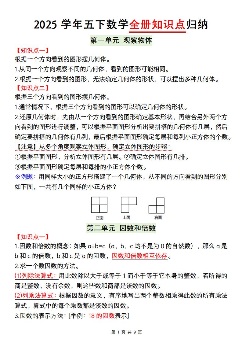 【人教版】2025学年五下数学全册知识点归纳