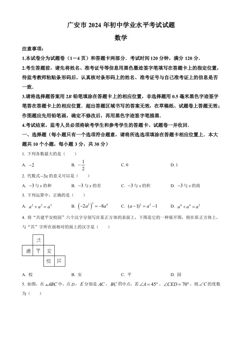 2024年四川省广安市中考数学试题（空白卷）