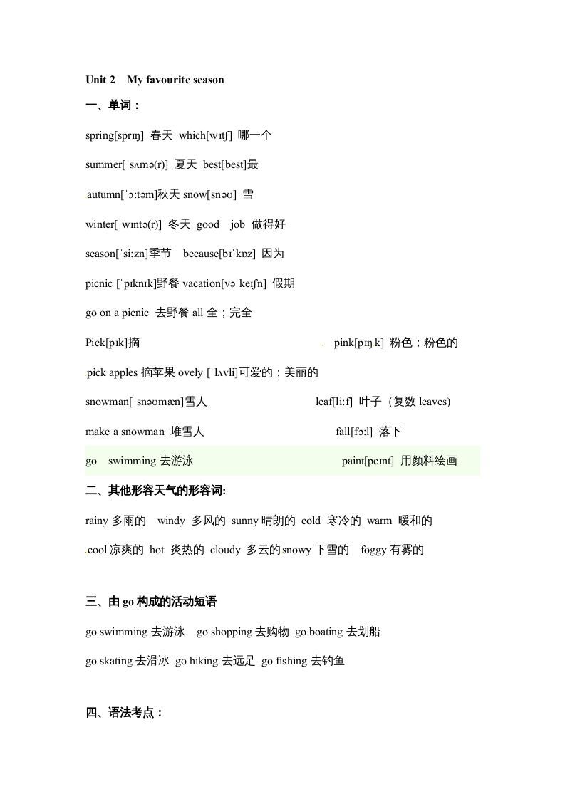 五年级数学下册英语素材-期末复习Unit2_人教PEP