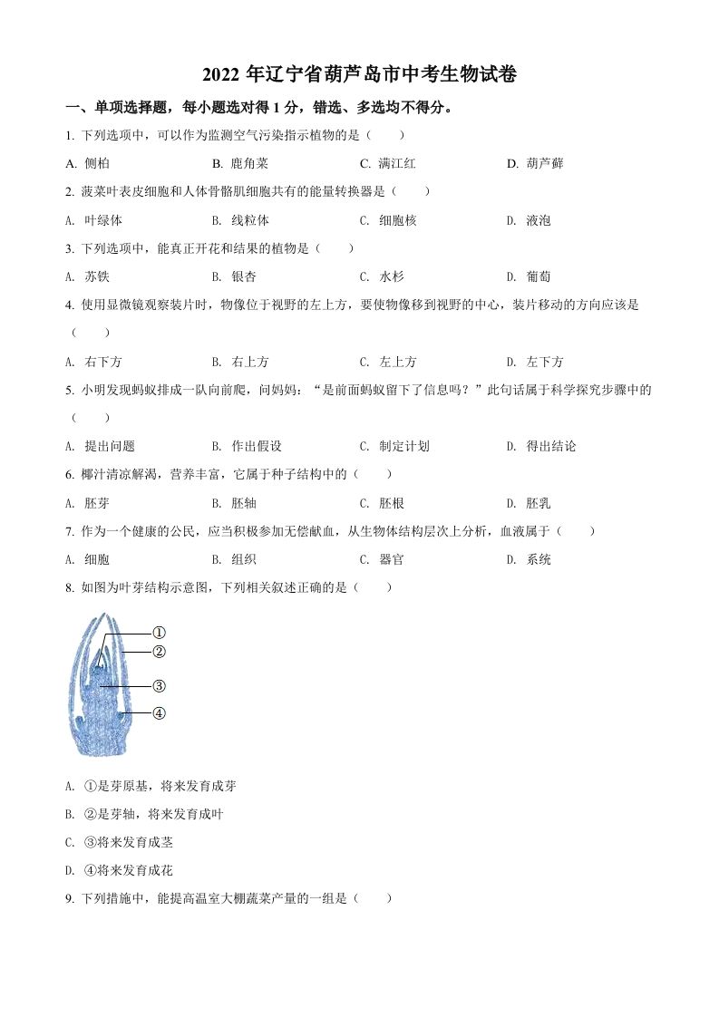 2022年辽宁省葫芦岛市中考生物真题（空白卷）