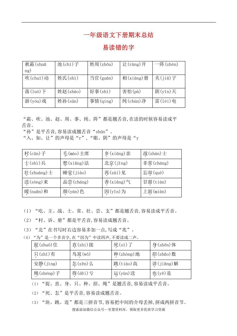 一年级语文下册期末总结—易读（写）错的字