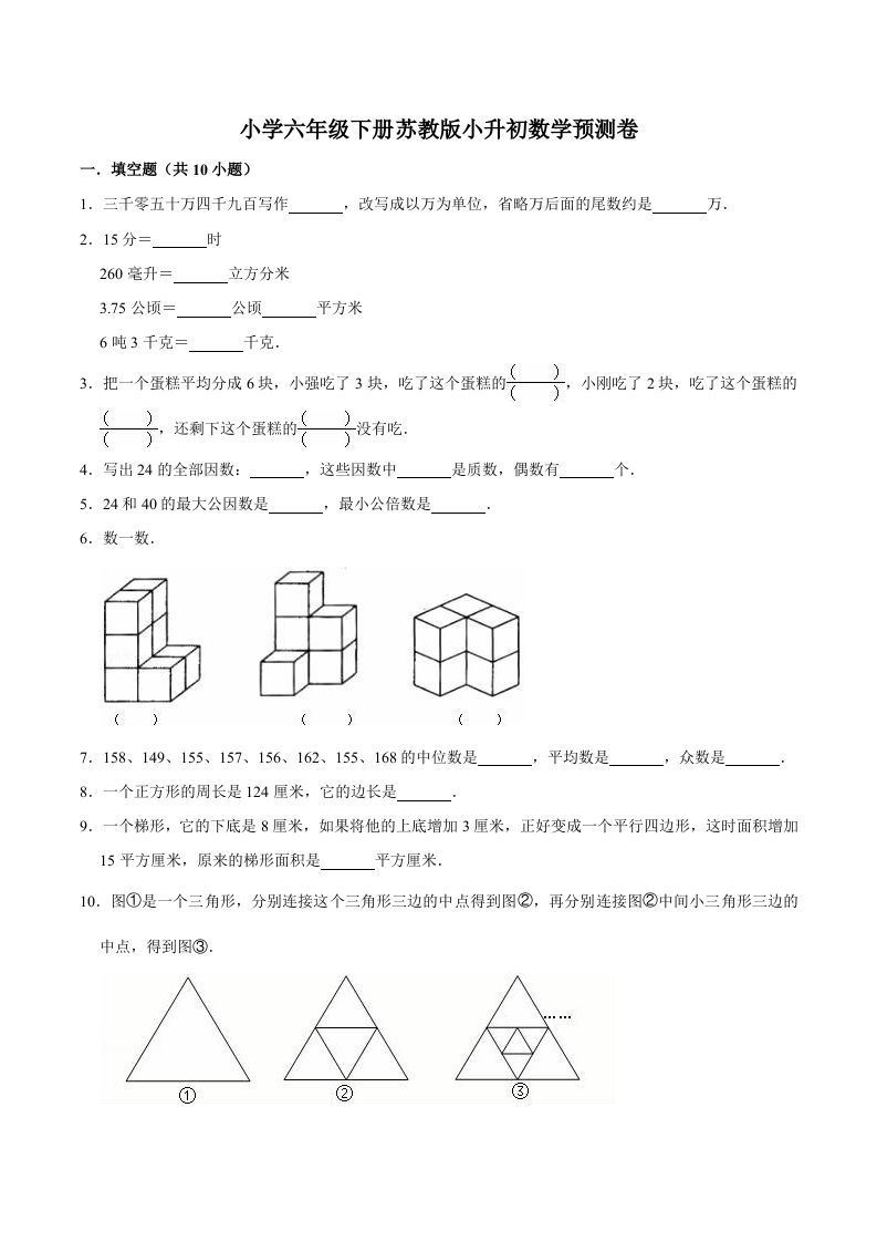 六年级数学下册小升初模拟试题（31）苏教版（含解析）