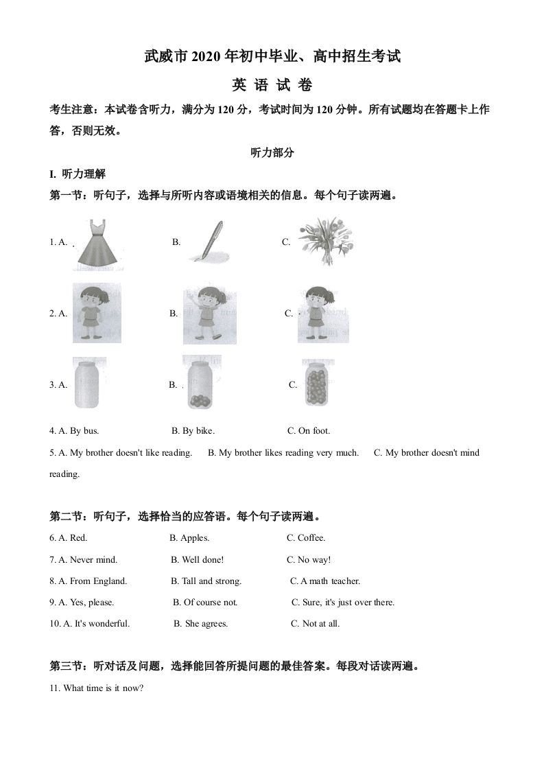 甘肃省武威市2020年中考英语试题（含答案）