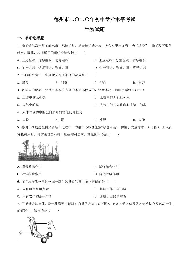 山东省德州市2020中考生物试题（空白卷）