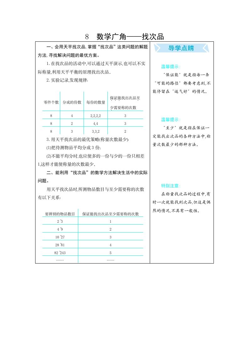 五年级数学下册8广角–找次品