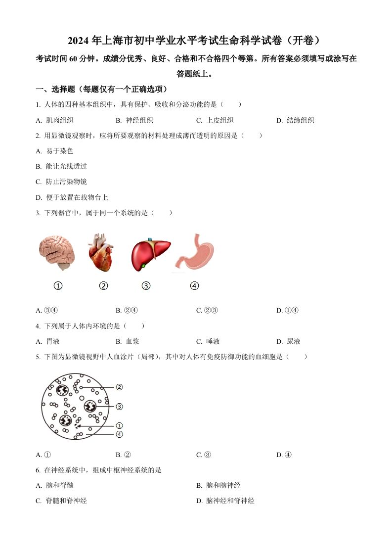 2024年上海市中考生物试题（空白卷）