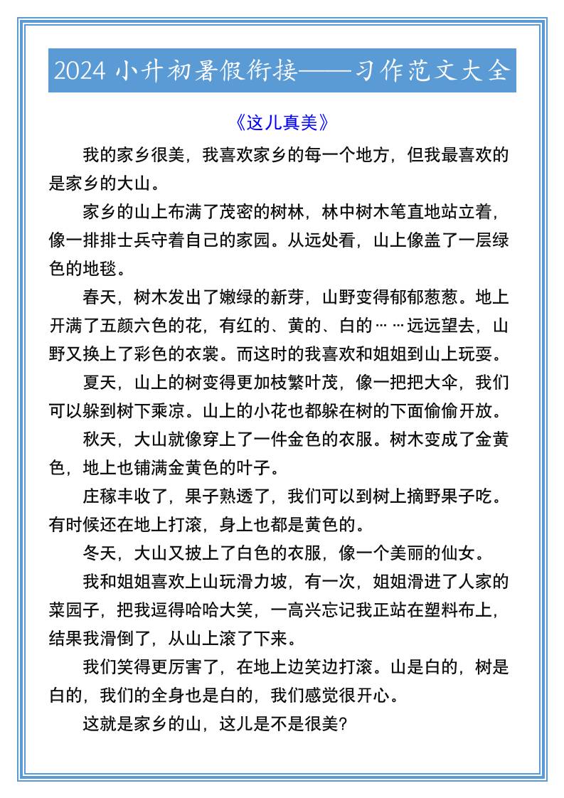 2024小升初暑假衔接习作范文大全-小升初语文