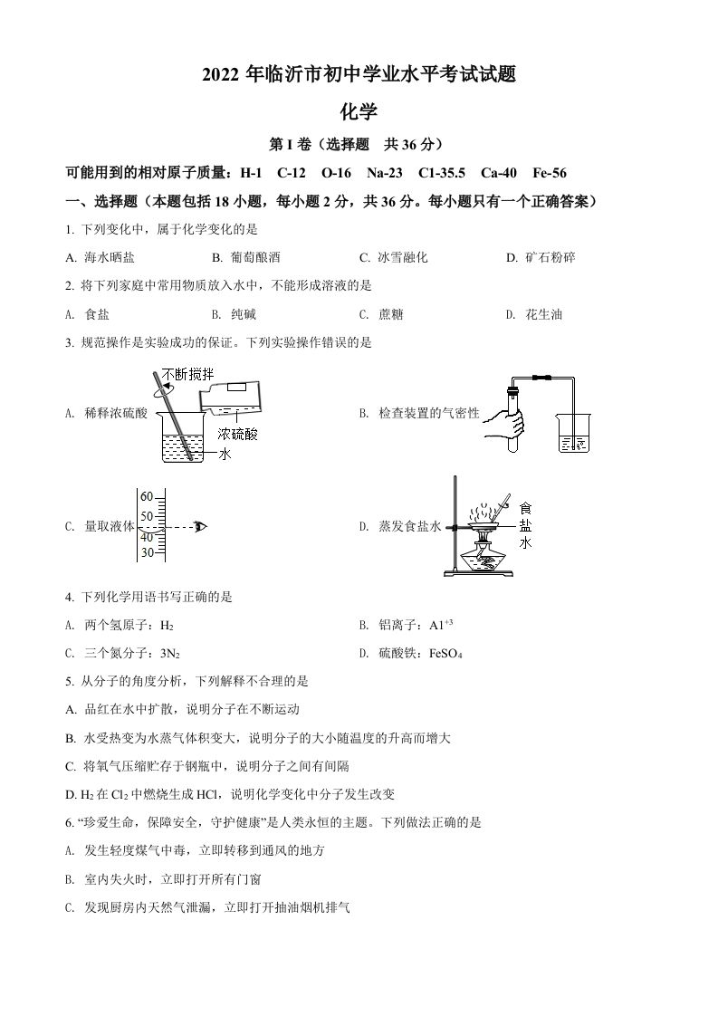 2022年山东省临沂市中考化学真题（空白卷）
