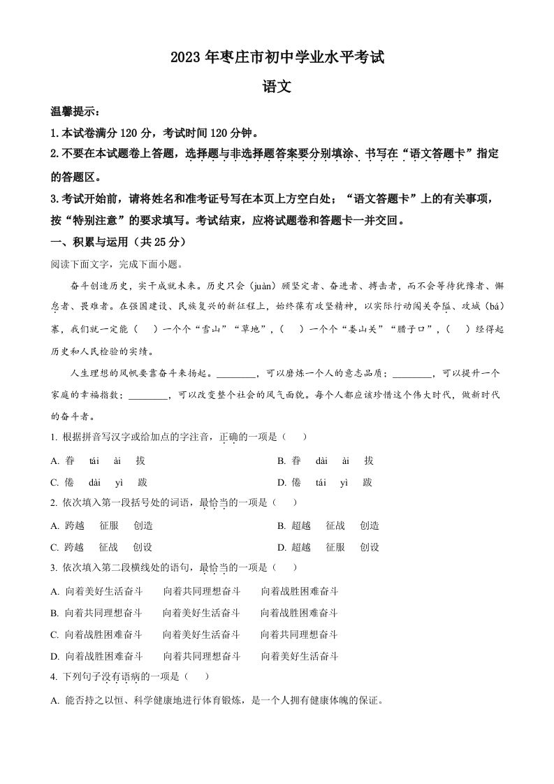 2023年山东省枣庄市中考语文真题（空白卷）