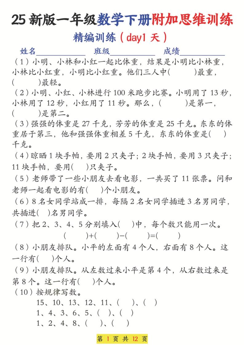 25新一下数学附加思维训练（精编训练12天）含答案24页
