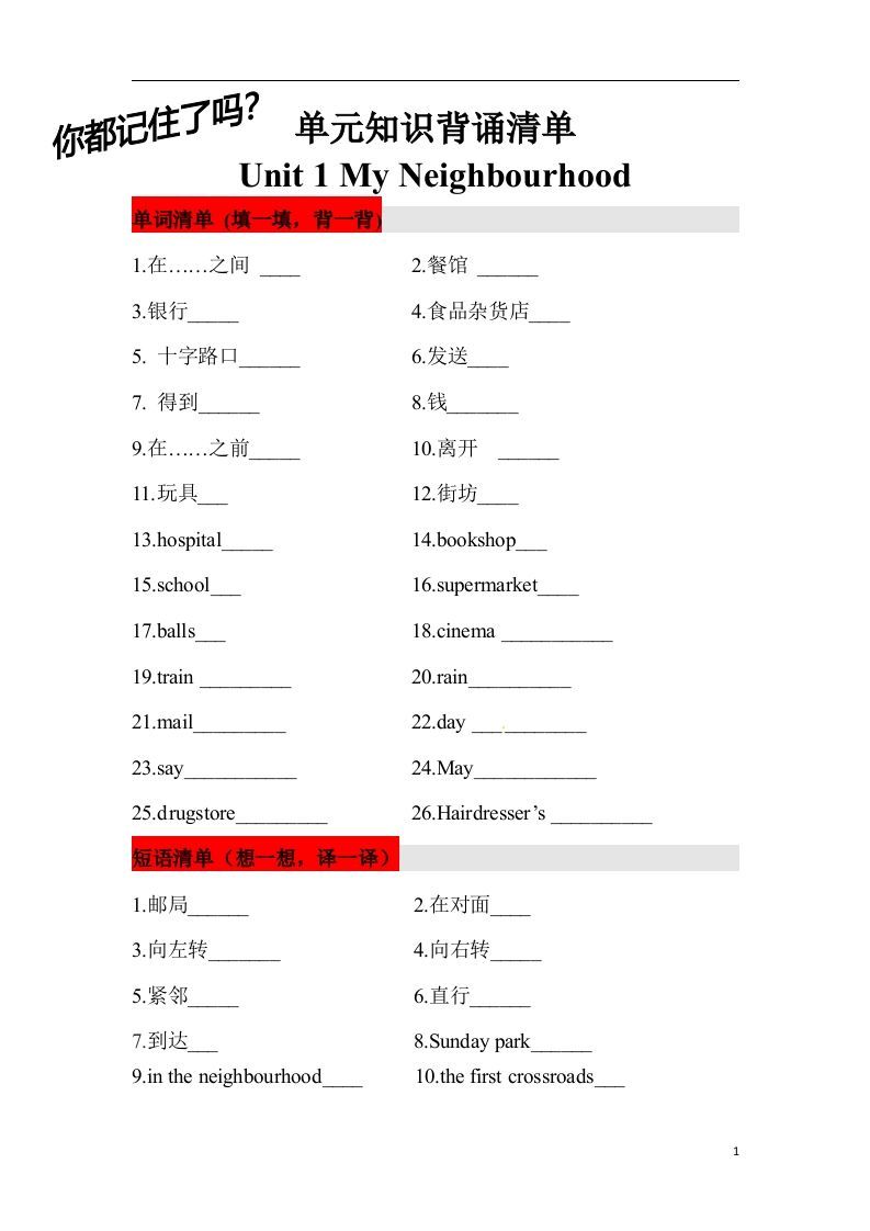 ❤四年级英语下册单元知识背诵清单Unit1MyNeighbourhood人教新起点（含答案）
