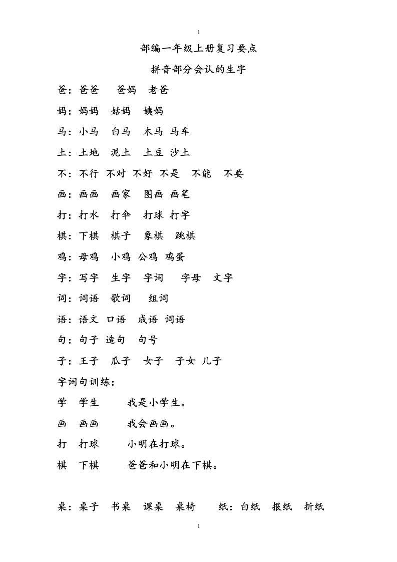 部编版一年级语文上册复习知识点汇总