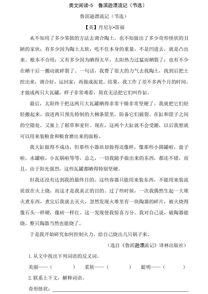 六年级语文下册类文阅读-5鲁滨逊漂流记（节选）