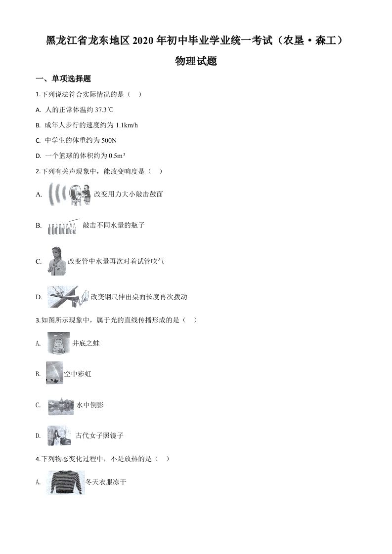 2020年黑龙江省龙东地区中考物理试题（空白卷）