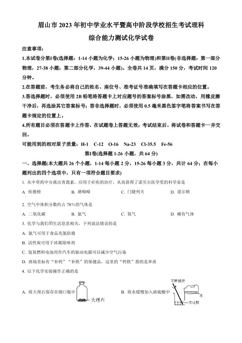 2023年四川省眉山市中考化学真题（空白卷）