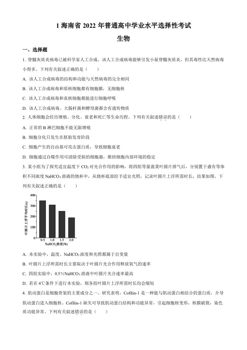 2022年高考生物真题（海南）（空白卷）