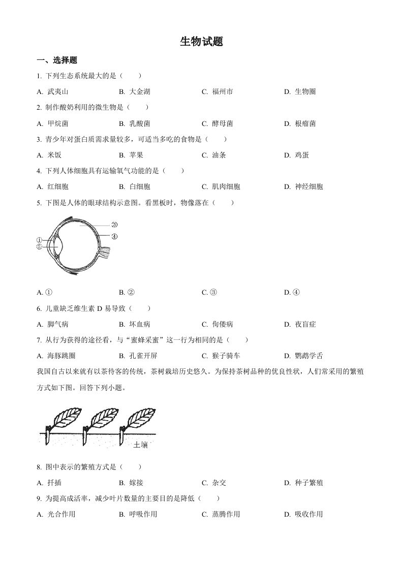 2023年福建省中考生物真题（空白卷）