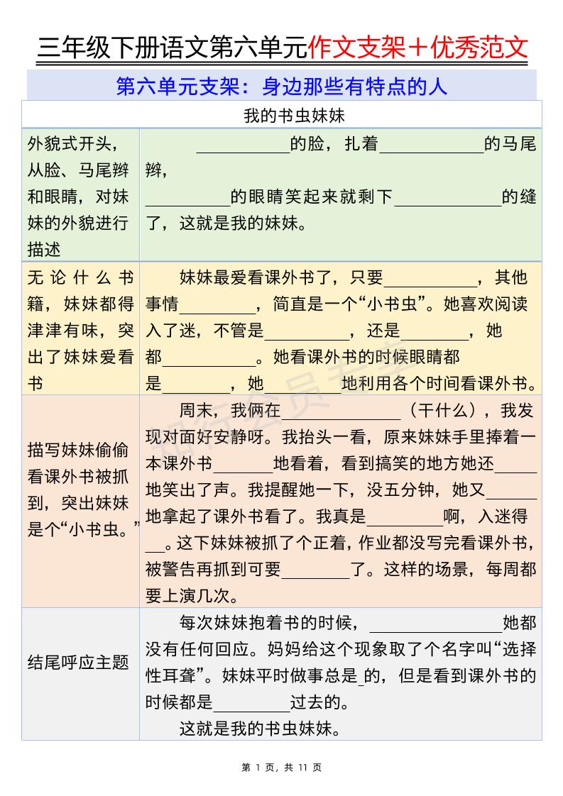 三下语文第六单元作文支架＋优秀范文（11页）