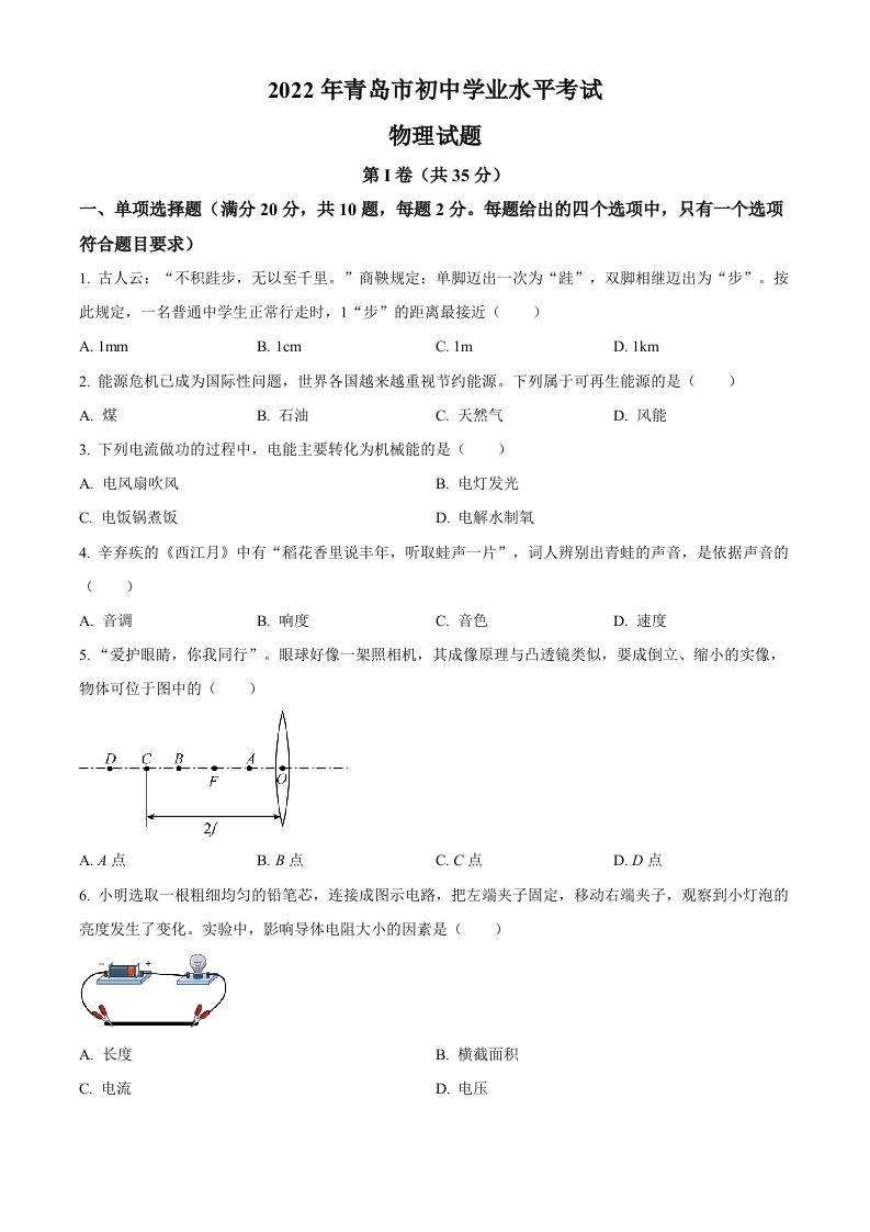 2022年山东省青岛市中考物理试题（空白卷）