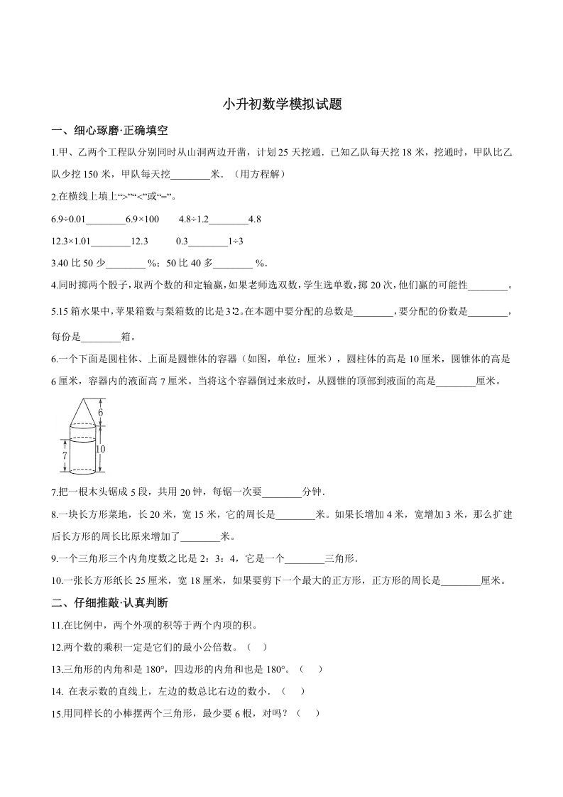 六年级数学下册小升初模拟试题（28）苏教版（含解析）