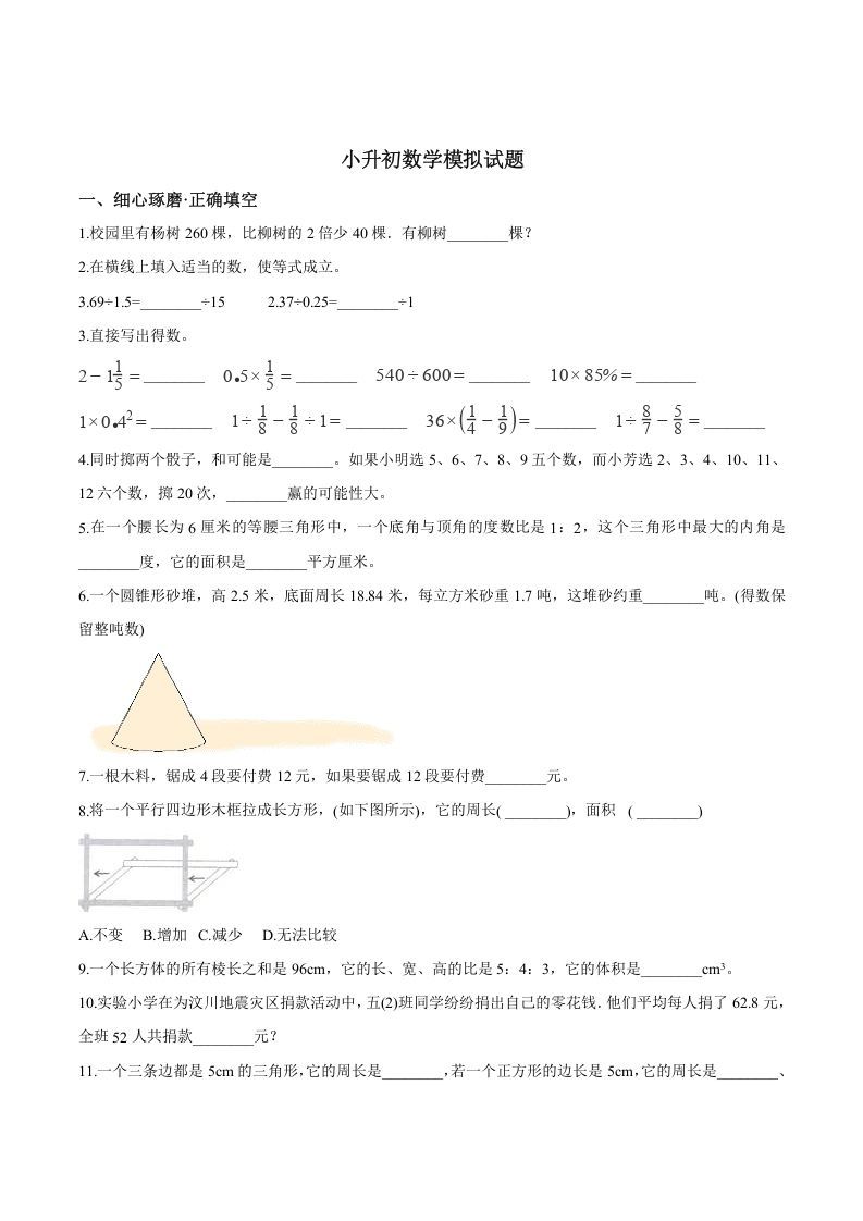 六年级数学下册小升初模拟试题（27）苏教版（含解析）
