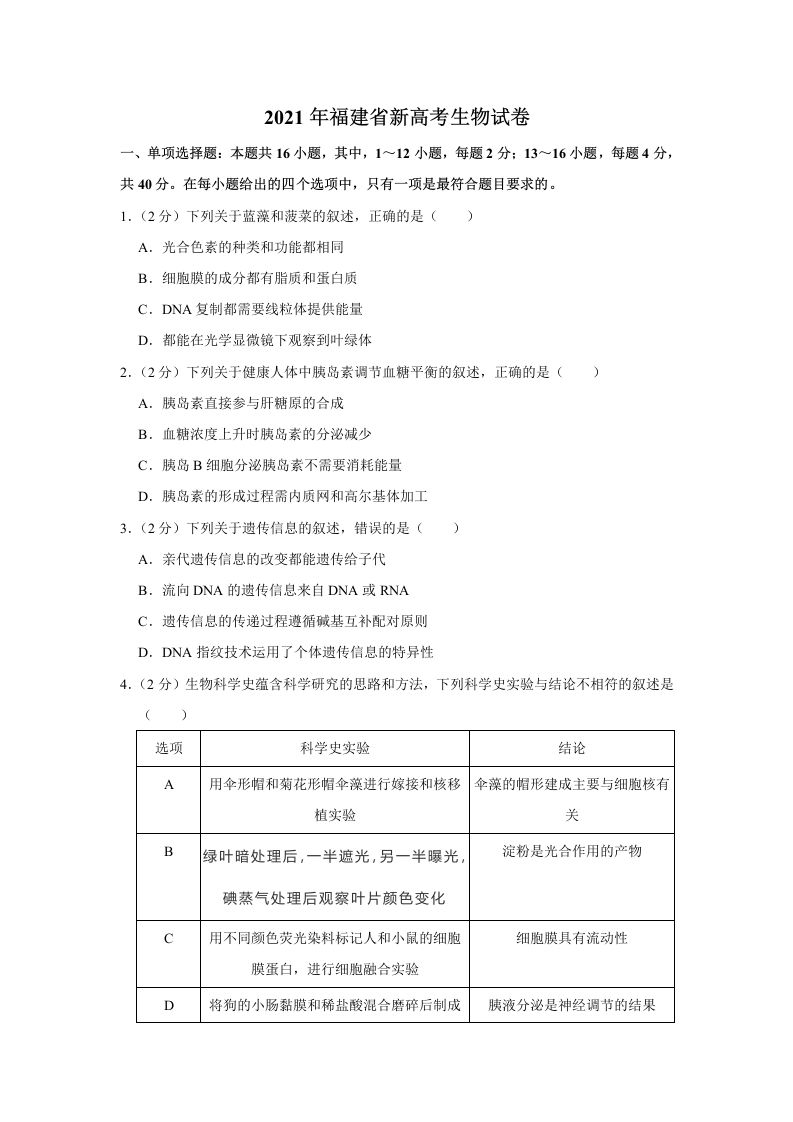 2021年高考生物试卷（福建）（空白卷）