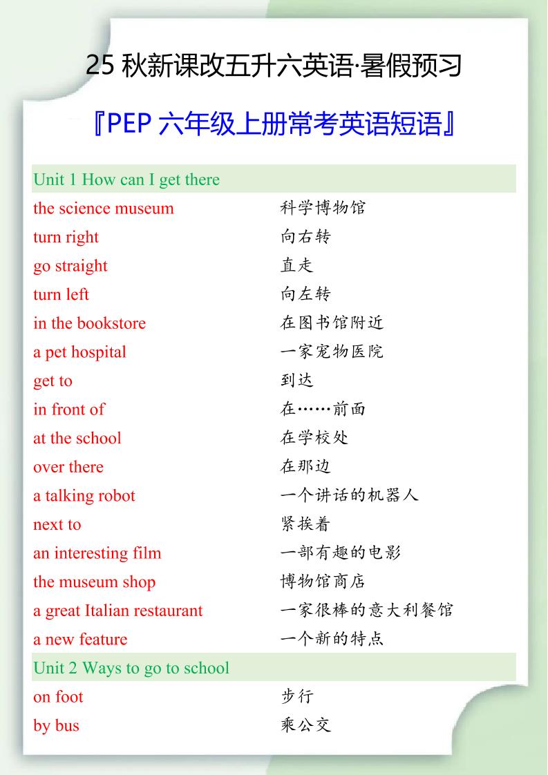 【2025秋新版】六年级上册常考英语短语