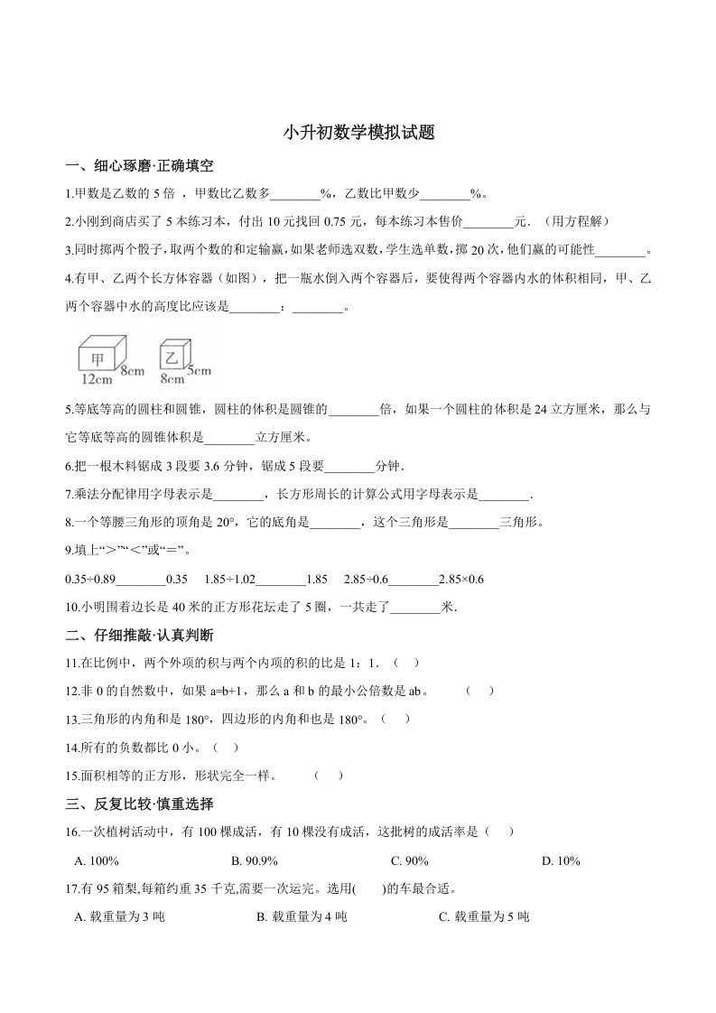 六年级数学下册小升初模拟试题（25）苏教版（含解析）