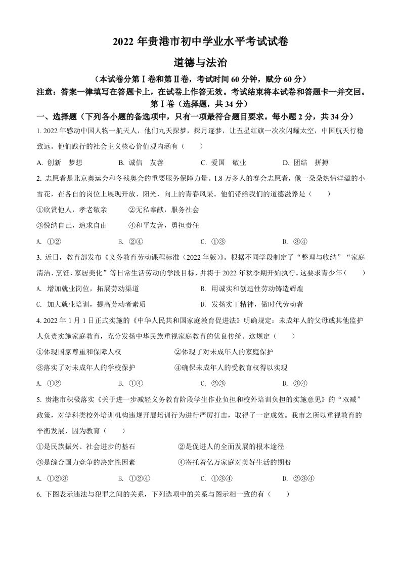 2022年广西贵港市中考道德与法治试题（空白卷）