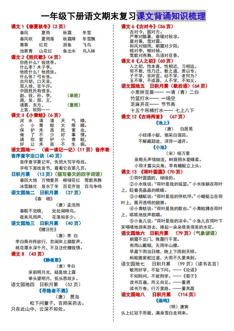 【课文背诵知识梳理】期末复习
