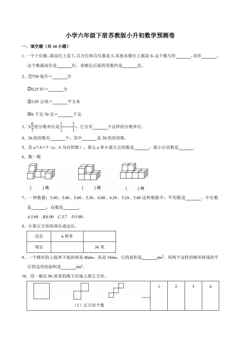 六年级数学下册小升初模拟试题（30）苏教版（含解析）