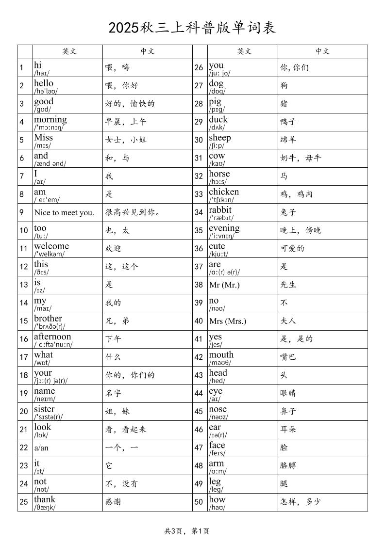 2025秋三上英语科普版单词表