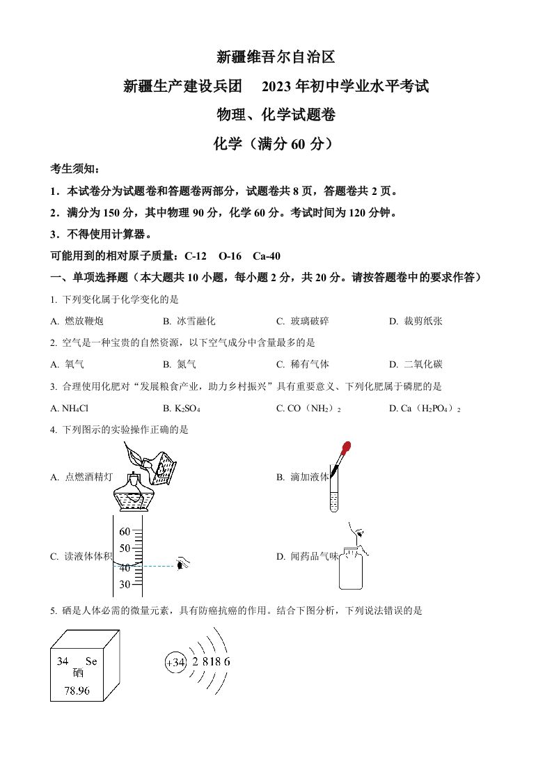 2023年新疆中考化学真题（空白卷）