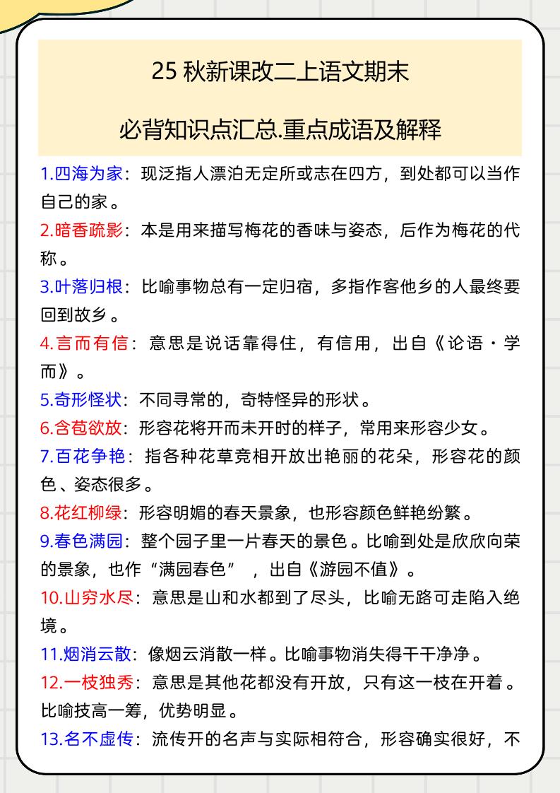 【2025秋新版】二上语文期末必背知识点汇总.重点成语及解释