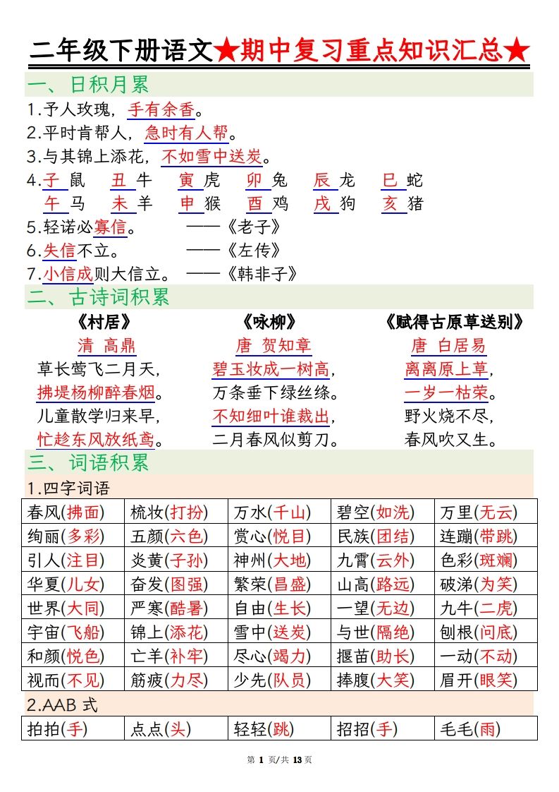 【语文】二年级下册语文期中重点知识汇总(1)