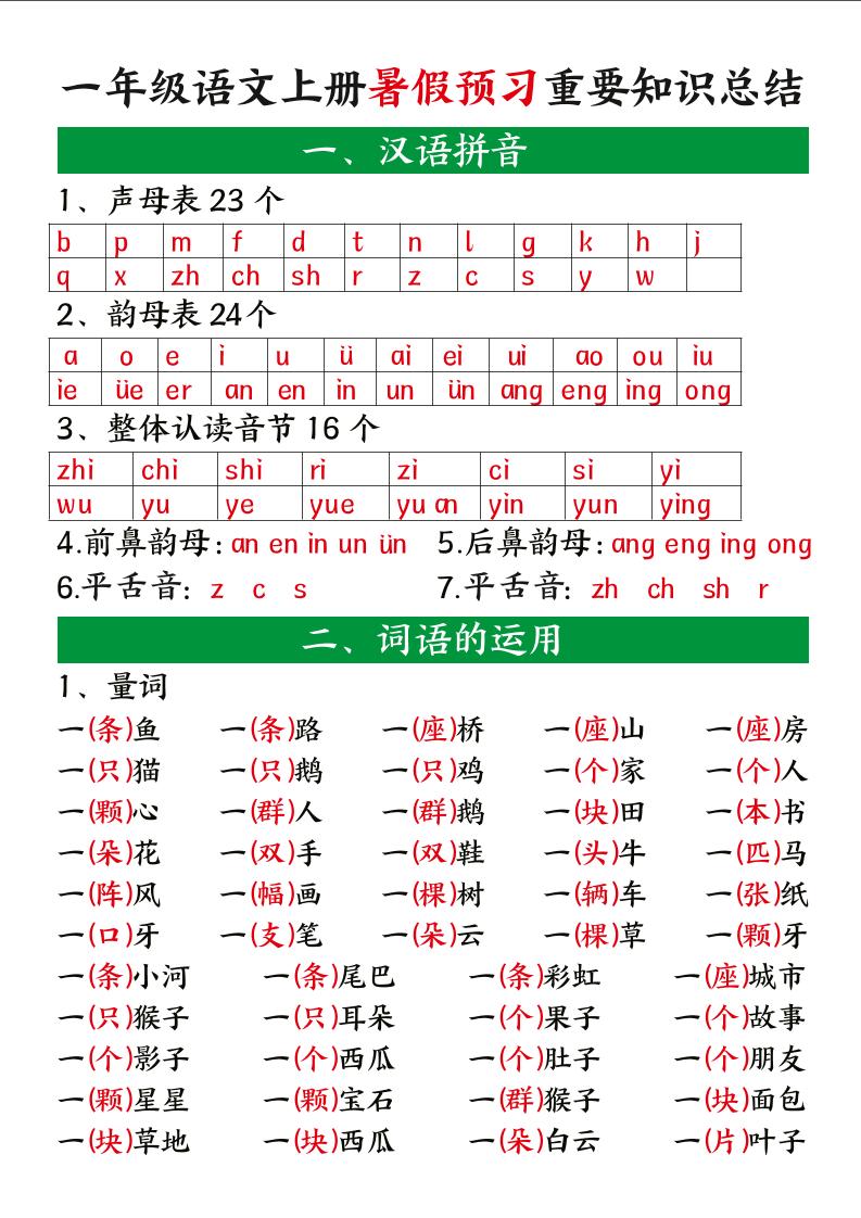 一年级语文上册暑假预习重要知识总结