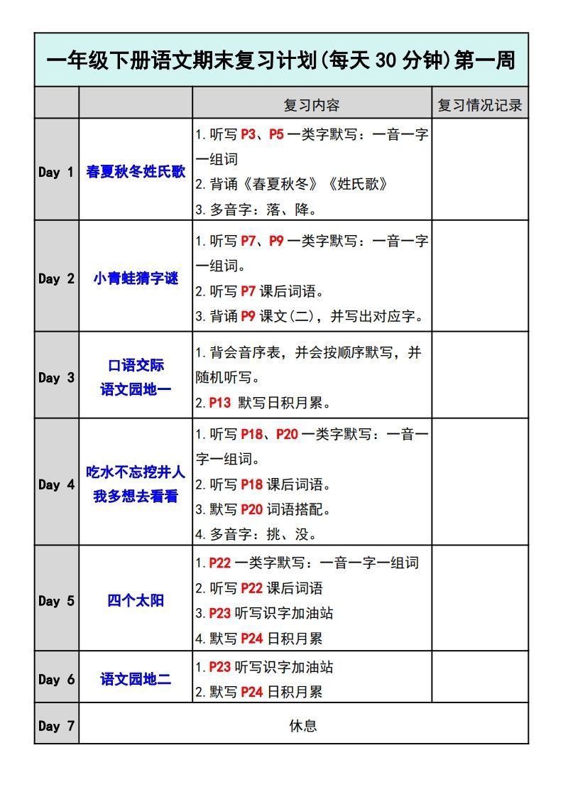 —年级下册语文期末复习计划
