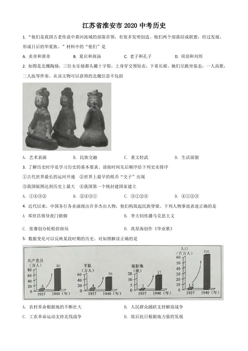 江苏省淮安市2020年中考历史试题（空白卷）